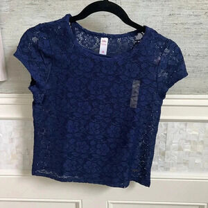 NWT new justice navy blue girls lace short sleeve top with attached cami 10